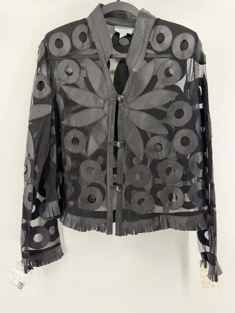 Stillman Studio New York Leather Appliqué Sheer Mesh Jacket L Fringe Artwear